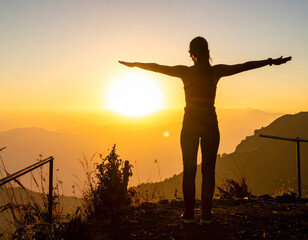 Fototapeta premium Woman enjoying sunset mountain view