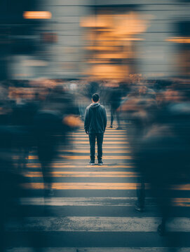 AI-generated image of a lone man standing still in the center of a busy city crosswalk with a blurred crowd moving around him, symbolizing isolation in a fast-paced urban world.