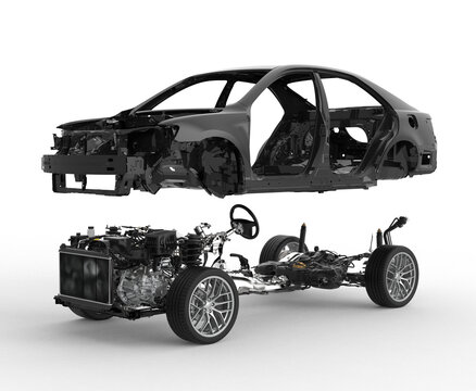 Exploded automotive view showing the car body shell suspended above the chassis, revealing engine, suspension and structural components during the assembly process.