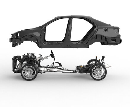 Exploded automotive view showing the car body shell suspended above the chassis, revealing engine, suspension and structural components during the assembly process.