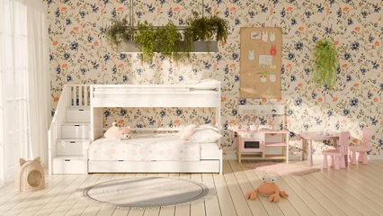 childrens bedroom features a loft bed with a soft mattress, a small table with chairs, and plush toys scattered on the floor. Decorative plants hang near the window. 3d render © angel_nt
