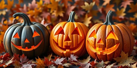 Three carved Halloween pumpkins, various designs, autumn leaves, photo, photography