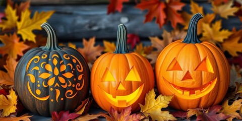 Three carved pumpkins, different designs, autumn leaves, jack-o-lantern, objects