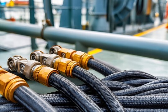 Hydraulic hoses connecting industrial fluid power systems