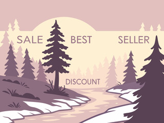 Fototapeta premium Promotional vector graphic illustration of a calm winter forest scene with pine trees and snow, highlighting 'SALE BEST SELLER DISCOUNT' messaging.