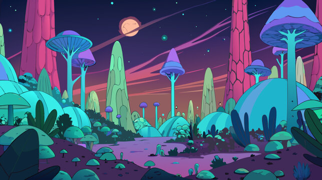 Vibrant pixel art landscape with futuristic mushroom forest under a starry night sky