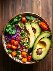 Vibrant bowl of fresh vegetables, quinoa, and avocado, bursting with color and nutrition, fresh, vegetarian