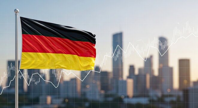 German flag waving proudly against a modern city skyline background