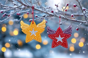 Fototapeta premium Christmas star ornaments hanging on frozen winter branch