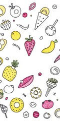 Whimsical food doodles with playful lines on a white background, creative, simple