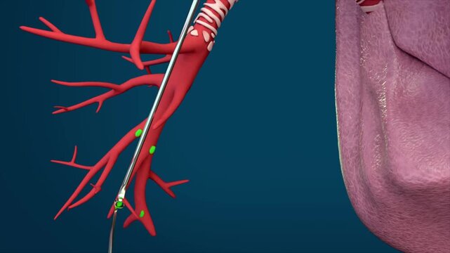Lung tumor resection surgery, removal of lymph nodes near the tumor to inhibit tumor cell proliferation. Lung surgery. Surgical procedure, 3D animation.