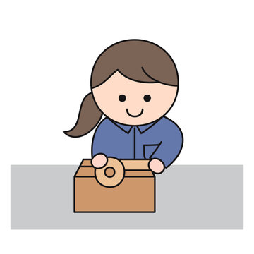 梱包作業をする女性｜丸みのあるキャラクター風のイラスト
