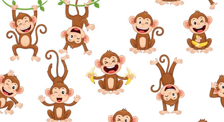 Obraz premium Monkey Pattern with Cartoon Characters on Black Background