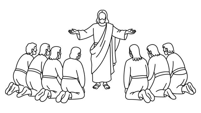 A line art illustration depicting Jesus Christ standing with outstretched arms before his kneeling disciples.