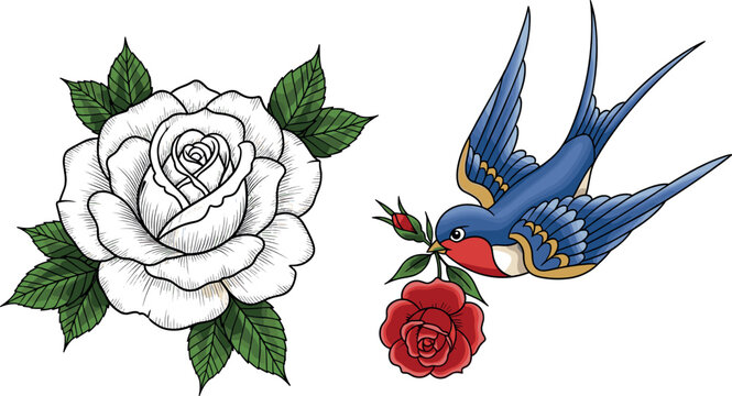 Hand-Drawn Rose and Swallow Bird Illustration Set with Floral Elements and Traditional Tattoo Style for Nature and Vintage Designs