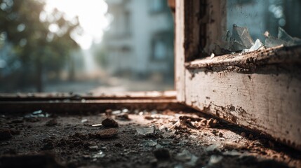 Fototapeta premium Shattered Window Frame with Dust and Debris in Soft Light