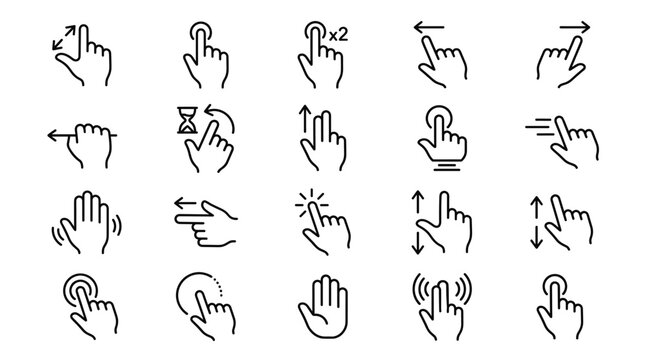 Technology touch gesture element pack, minimalist line style, swiping motions, tapping, pinching, scrolling, and clicking