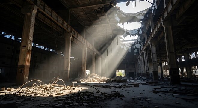 Abandoned industrial building with debris and sunlight