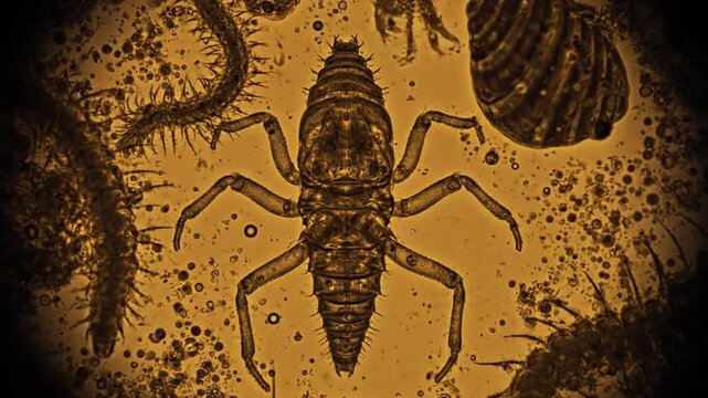 Microscopic aquatic insect larva captured in intricate detail, showcasing its segmented body and numerous appendages for movement and survival.
