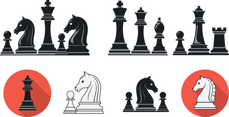 Chess pieces icons and silhouettes set, king queen knight rook bishop pawn, strategy board game elements, modern flat design illustration © MDRAKIB