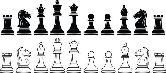 Chess pieces arrangement, black silhouettes and white outlines, king queen bishop knight rook pawn, classic strategy board game vector illustration © MDRAKIB