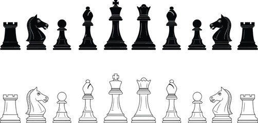 Chess pieces set, black silhouettes and outline versions, king queen bishop knight rook pawn, classic strategy board game illustration © MDRAKIB