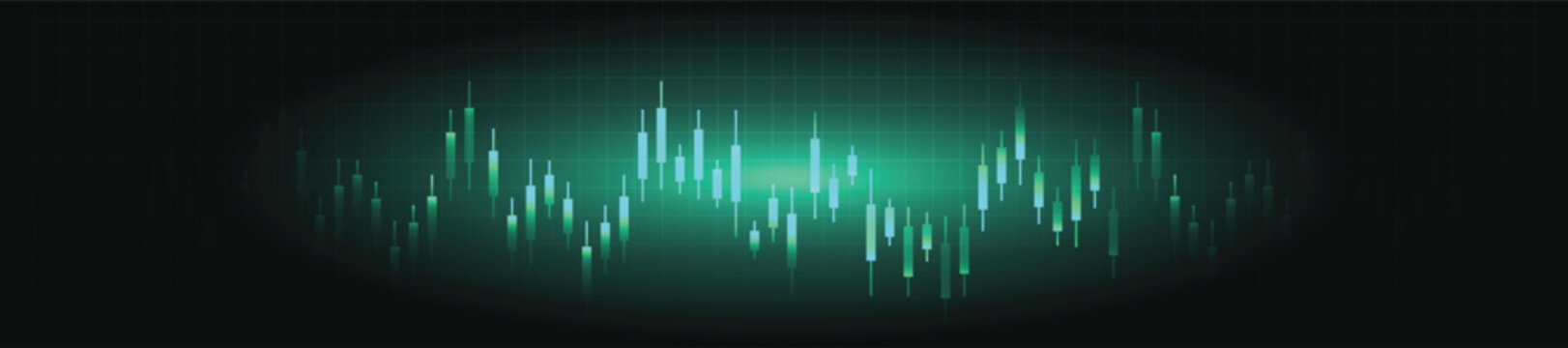 Teal glowing candlestick financial chart in dark oval frame with grid background, abstract data visualization concept for stock market dashboards, financial reports and digital marketing