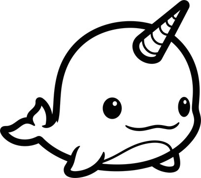 Smiling cartoon narwhal with horn.