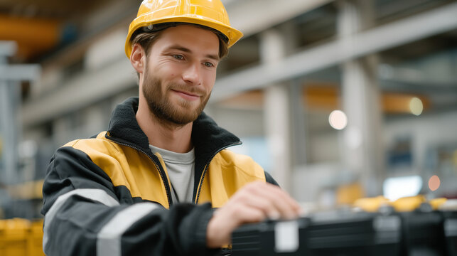 Technician performs maintenance inspection on hydrogen fuel cell stack removing protective panel in industrial facility with safety equipment visible nearby, perfect for alternative energy operation