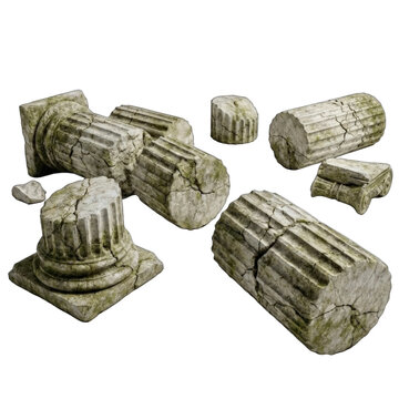 Old stone pillars and fragments lie on the ground in a worn-out state at an archaeological site during daytime on a transparent background
