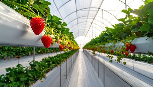 Strawberry greenhouse hydroponic farm interior.