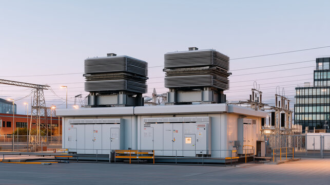 Reinforced concrete bundles protecting fiber optic cables beneath urban power grid facility with security personnel monitoring access points at dawn, ideal for critical infrastructure resilience ind