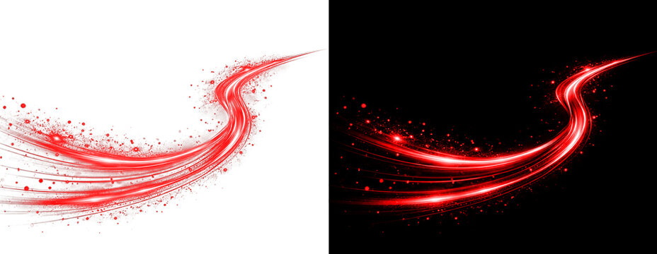 Dynamic red light trail with sparkling energy particles and curves.