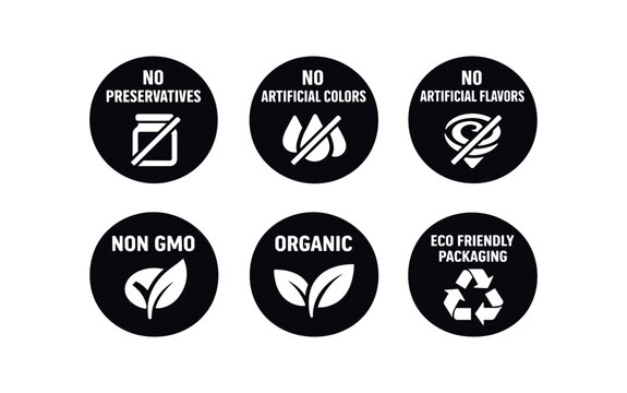 Food label icon set. organic, non gmo, no preservatives, no artificial colors, no artificial flavors, eco friendly packaging, recycling, health, nutrition. line, flat and colored vector icon set.