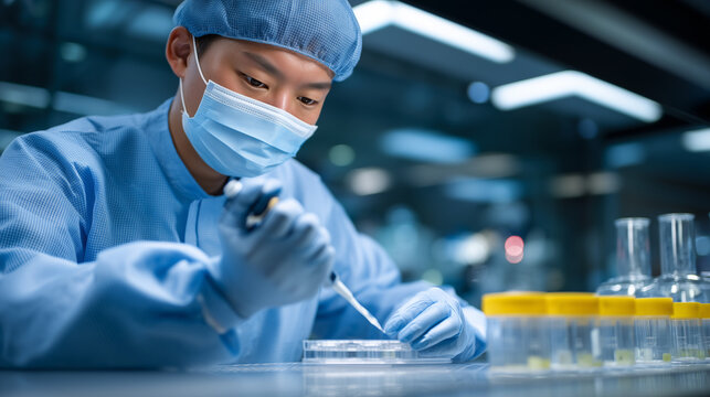 Laboratory technician in blue protective suit pipetting translucent mRNA lipid nanoparticles into sterile vials under laminar flow hood, bioreactor tanks visible behind, ideal for pharmaceutical man