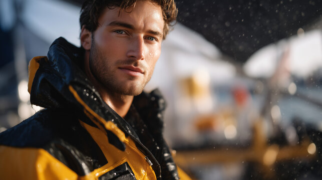 Marine renewable technician in survival suit inspecting wave energy converter mechanical components with ocean spray and hydraulic power take-off system visible in maritime environment, perfect for 