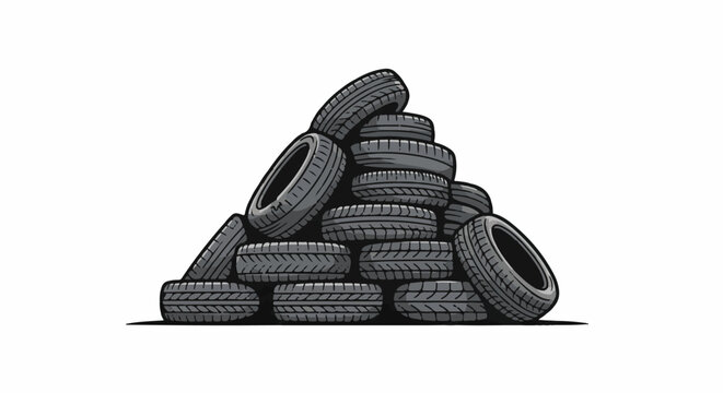 Stacked pile of grey rubber car tires on a white background