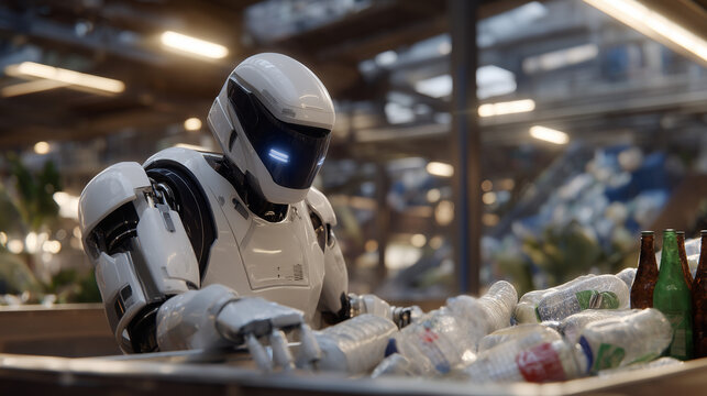 Humanoid robot sorting recyclables on conveyor belt in industrial facility with transparent plastic bottles and metal cans separated into bins under fluorescent lighting, perfect for automation sust