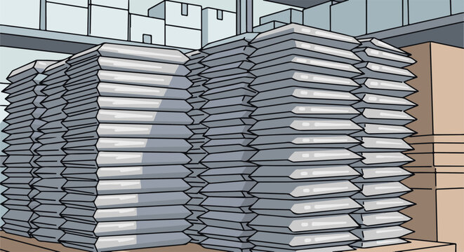 Stacks of bagged goods in a warehouse, organized on shelves