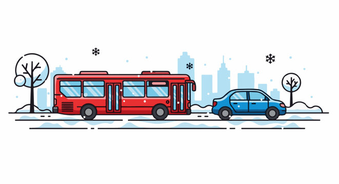 Stylized flat illustration of a red bus and blue car in a winter cityscape