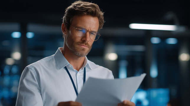 Determined cybersecurity specialist reviewing system architecture blueprints while testing network perimeter defenses in dimly lit assessment facility with monitoring equipment, ideal for white hat 