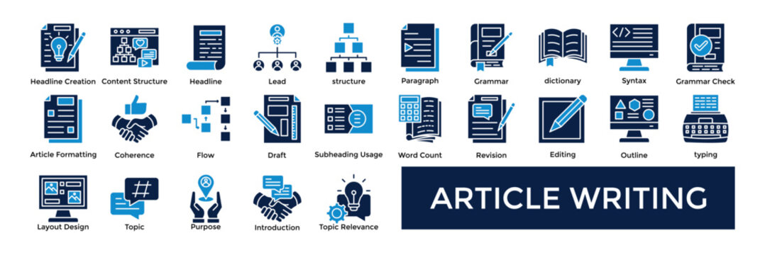 Article Writing icon set collection pack web banner. containing Headline Creation, Content Structure, Headline, Lead, structure, Paragraph, Grammar