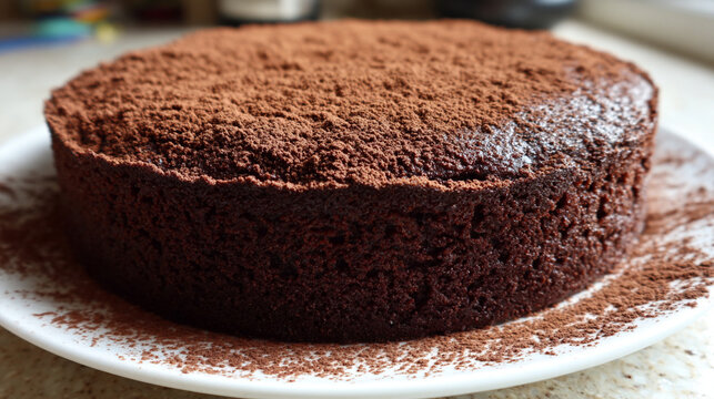 Tarta de chocolate casera espolvoreada con cacao en polvo sobre plato blanco en cocina con luz natural
