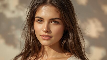 Fototapeta premium Close up portrait of young woman with natural glowing skin and soft warm light