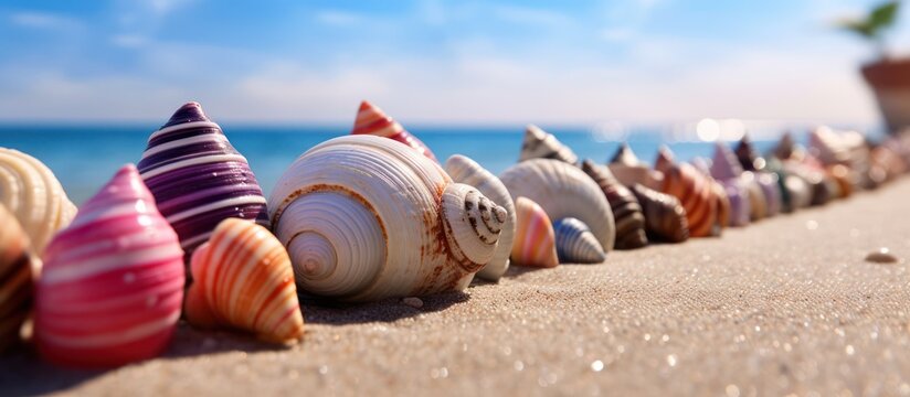 A vibrant collection of seashells rests along the sun-drenched sand against a sparkling ocean horizon.