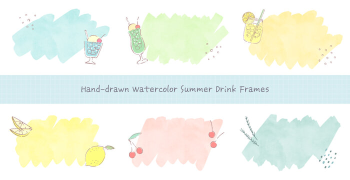 水彩風のパステルカラー背景と手書きのドリンク・フルーツ装飾セット