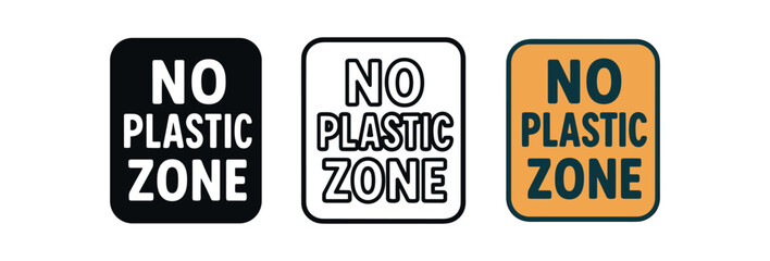 Obraz premium No plastic zone icon set. plastic free, zero waste, ban single-use, environmental message, reusable alternatives. outline flat and colored vector illustration.