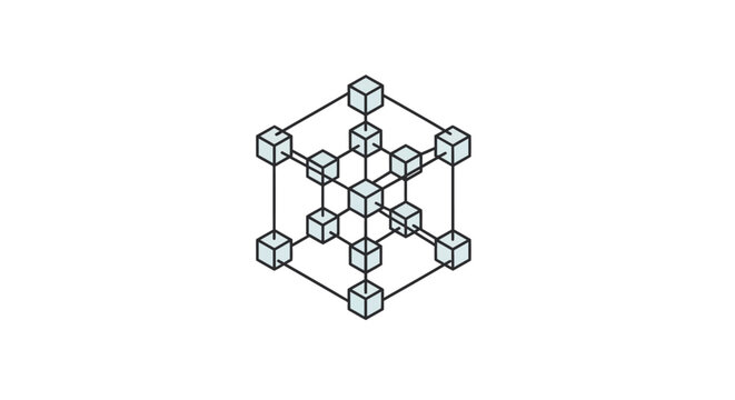 Geometric network illustration of interconnected cubes representing data organization and structure