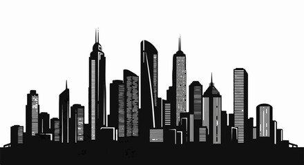 Obraz premium Stylized black and white skyline silhouette with diverse modern skyscrapers