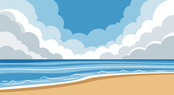 Stylized beach scene with sandy shore, blue ocean waves, and fluffy clouds